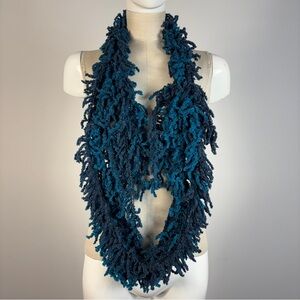 Handmade Artisan Blue Turquoise Loop Scarf Fringe Knit